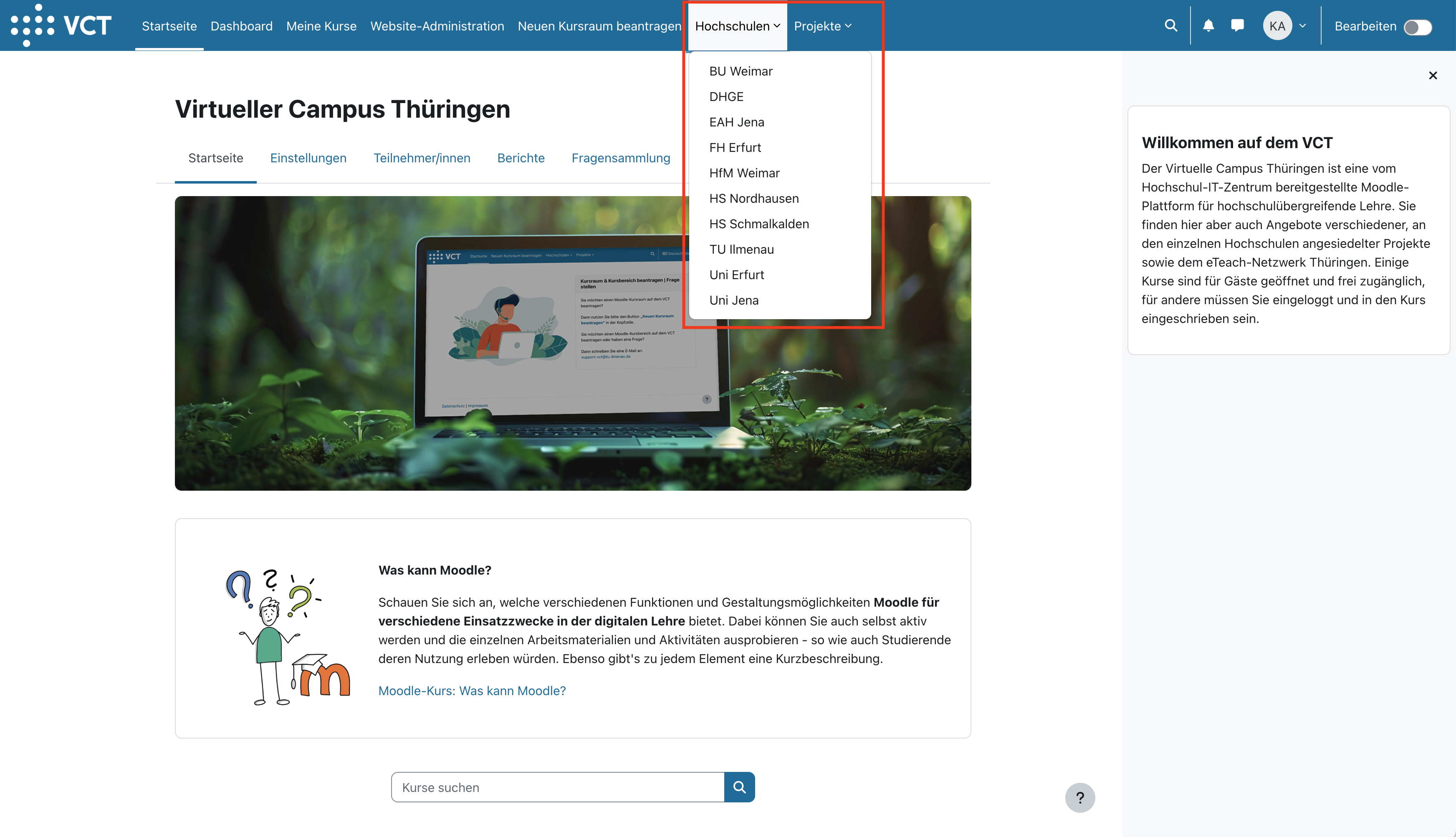 Neues Nutzermenü: Hochschulen