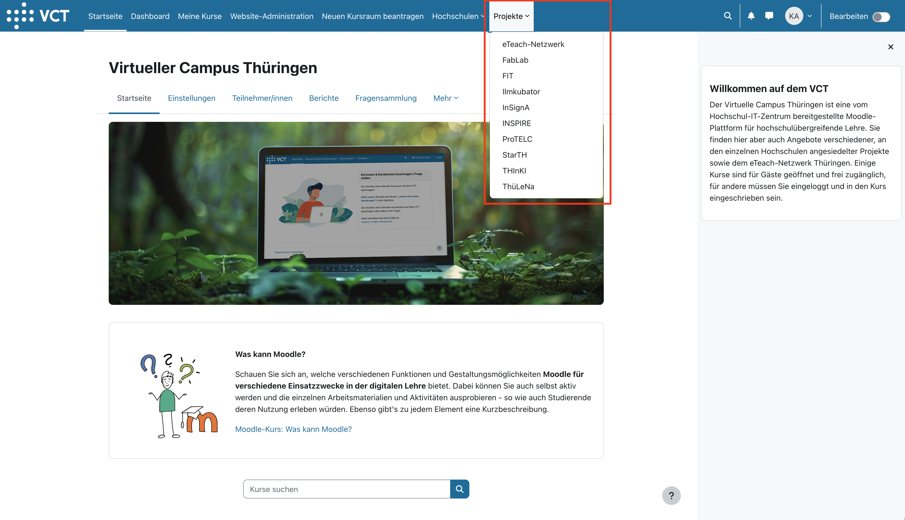 Neues Nutzermenü: Projekte