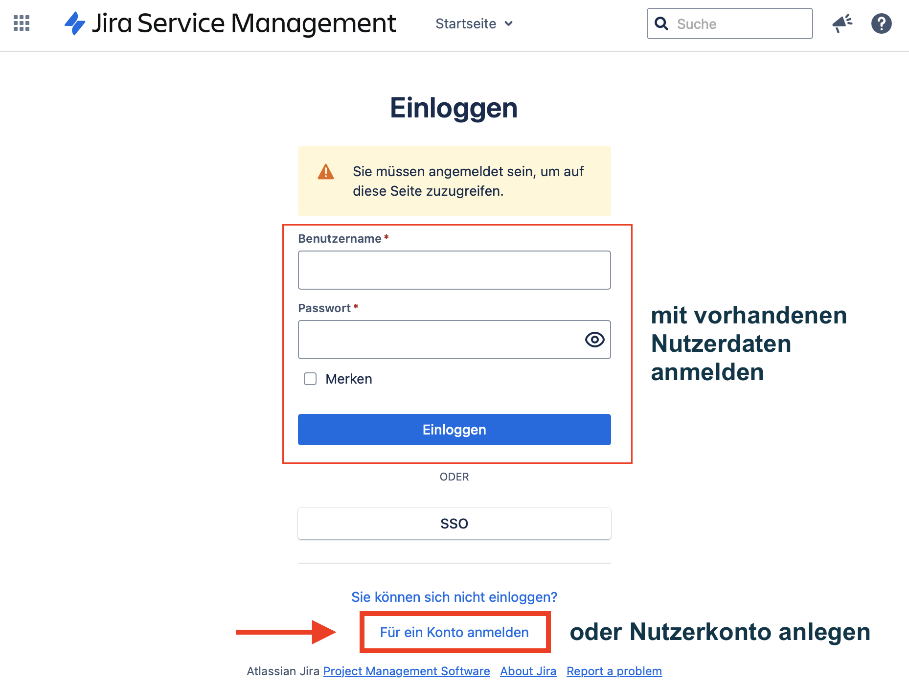 Einlogg-Seite von Jira Service Management mit einem Login-Formular für Benutzername und Passwort, einer SSO-Option und einem