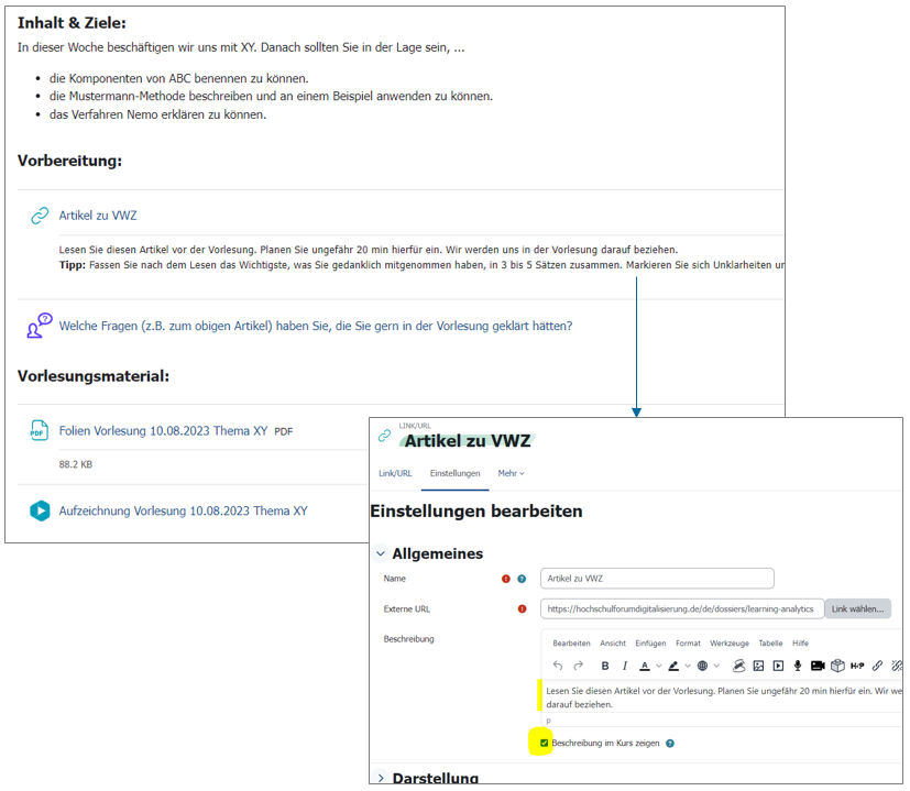 Screenshot, auf dem gezeigt wird wie das Beschreibungsfeld von Aktivitäten in Moodle genutzt wird