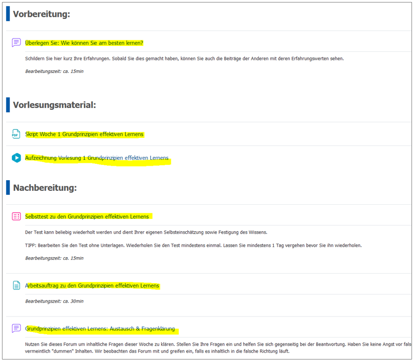 Screenshot, auf dem "sprechende" Titel in einem Moodle-Kurs deutlich werden