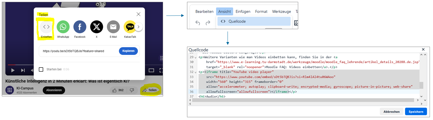 Screenshots, die zeigen wie Einbettungscode eines YouTube-Videos in Quellcode-Ansicht im Moodle-Editor eingefügt wird