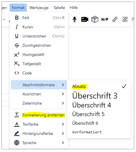 Screenshot, der zeigt, wo im Moodle-Editor Formatieren entfernt werden können