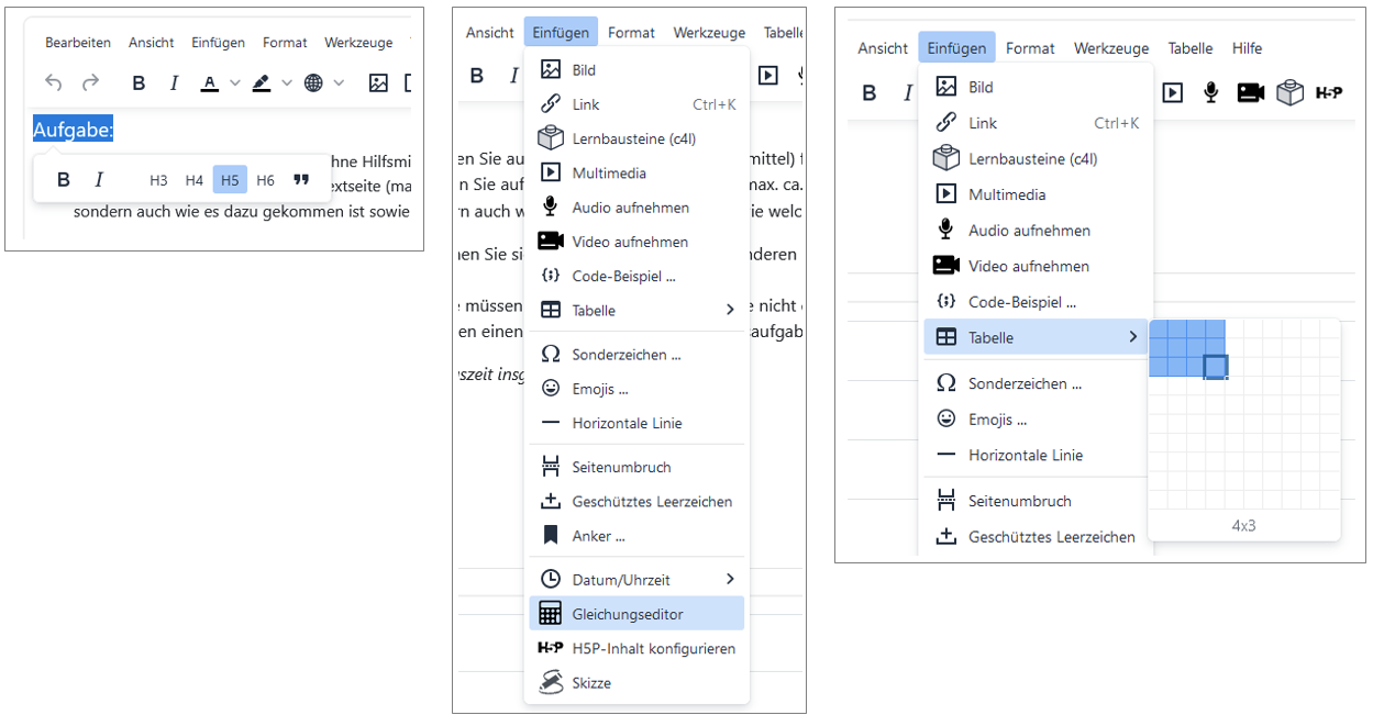 Screenshots, die zeigen, wo die Formatvorlagen für Überschriften, Gleichungseditor und Tabellen im Moodle-Editor sind