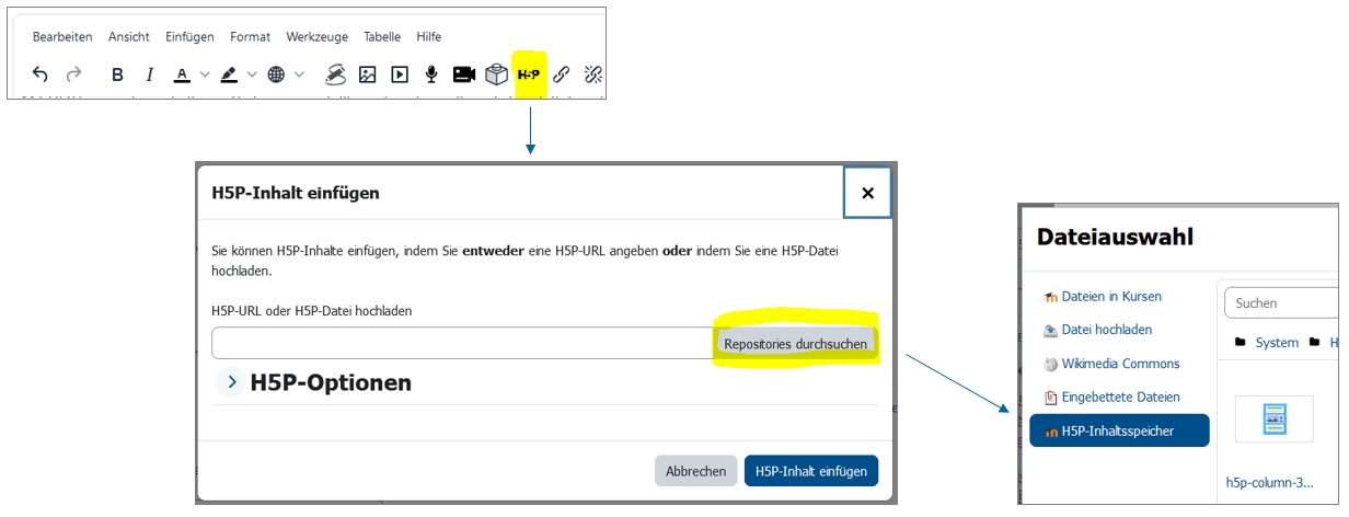 Screenshots, die zeigen, wie man über den H5P-Button im Moodle-Editor H5P-Inhalt einbetten kann