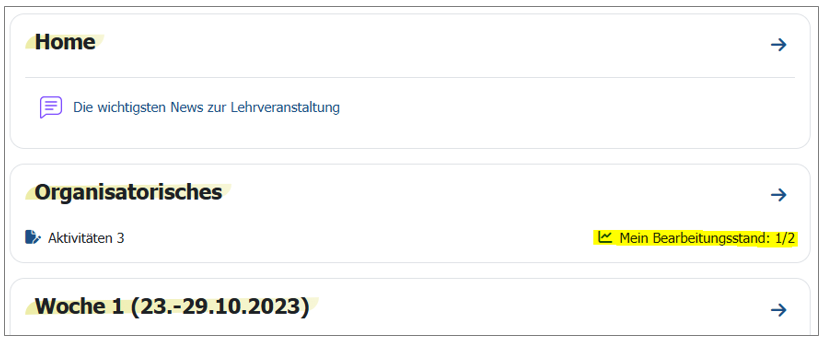 Screenshot wie Bearbeitungsstand von Abschnitten im Standardformat mit Einstellung "Ein Abschnitt pro Seite" ausieht